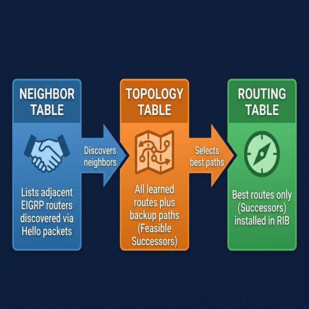 EIGRP Three Tables — Neighbor, Topology, Routing